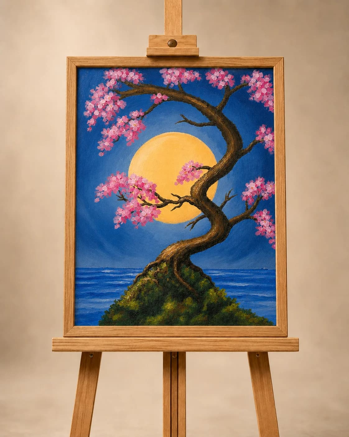 Layering and detailing stage of the same cherry blossom tree painting