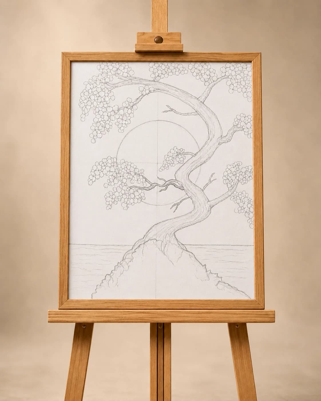 Pencil sketch layout of a cherry blossom tree painting on an easel