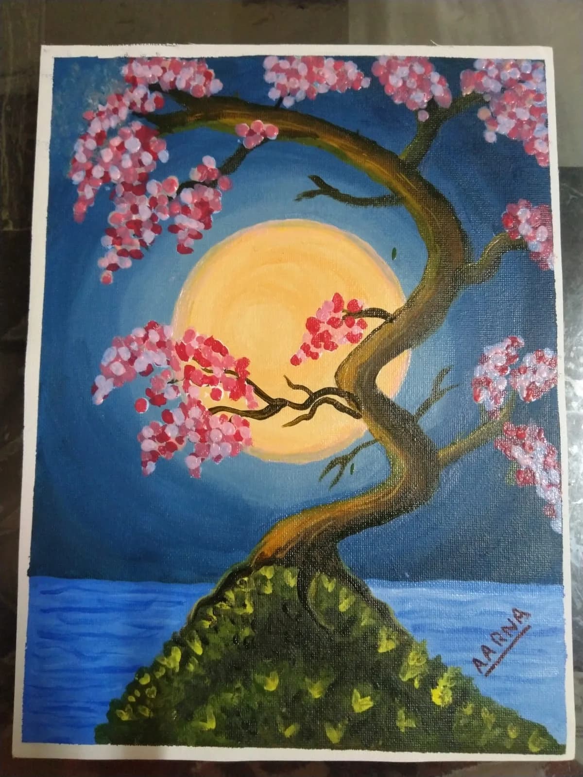 Cherry blossom tree over water, acrylic painting