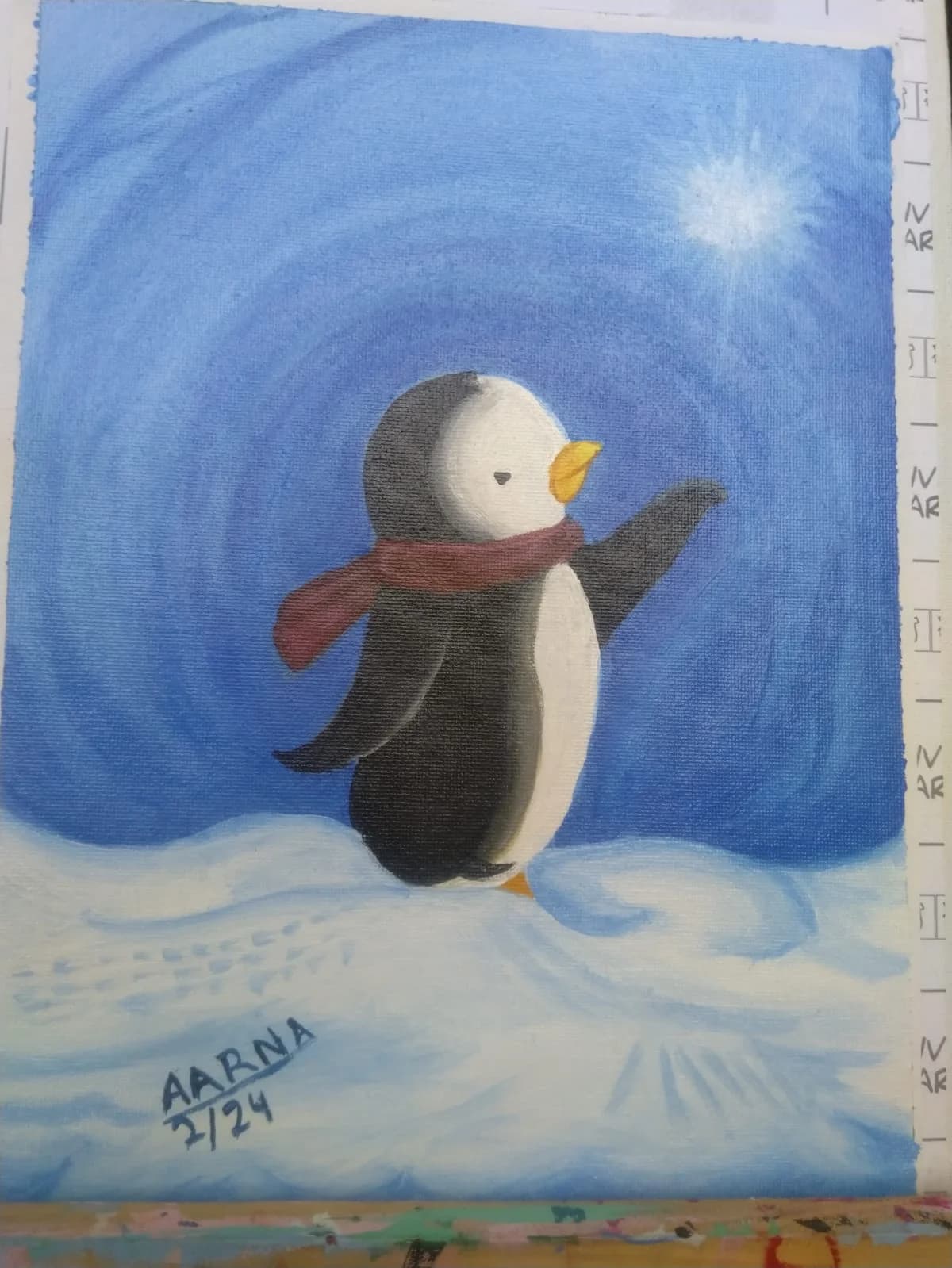 Penguin in the snow, acrylic painting