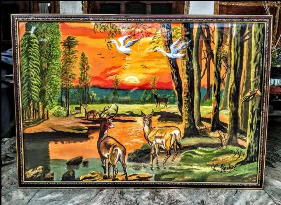 Deer at sunset, acrylic landscape painting