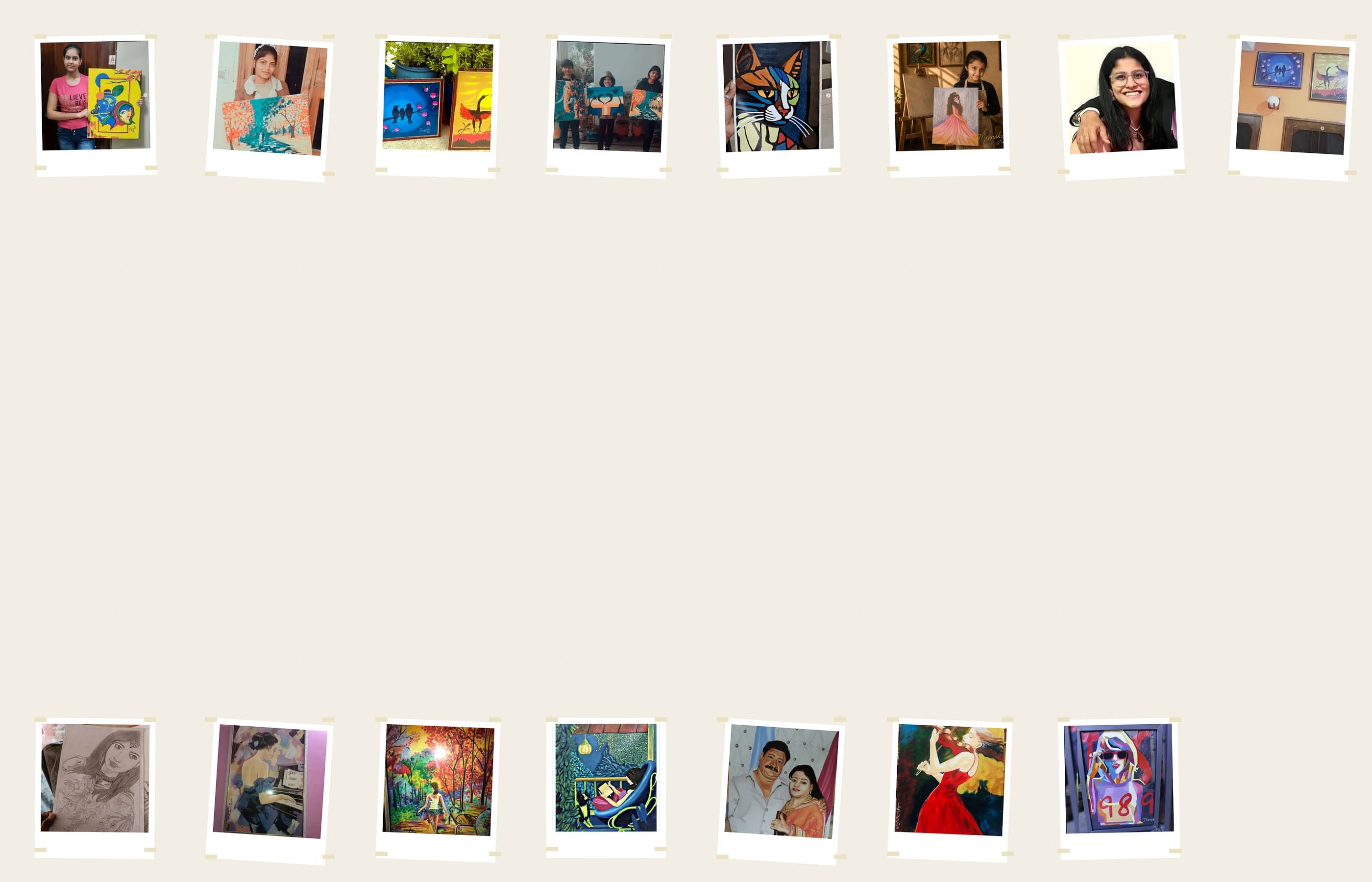 Collage of students from Meenakshi Art Work Academy, arranged as a polaroid wall