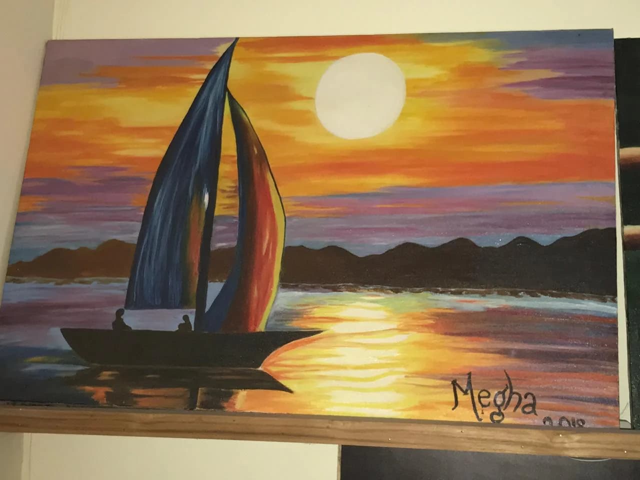 Sailboat at sunset, acrylic painting