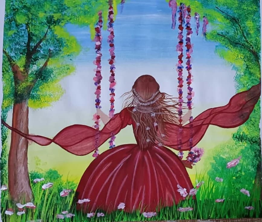 Woman on a garden swing, acrylic painting