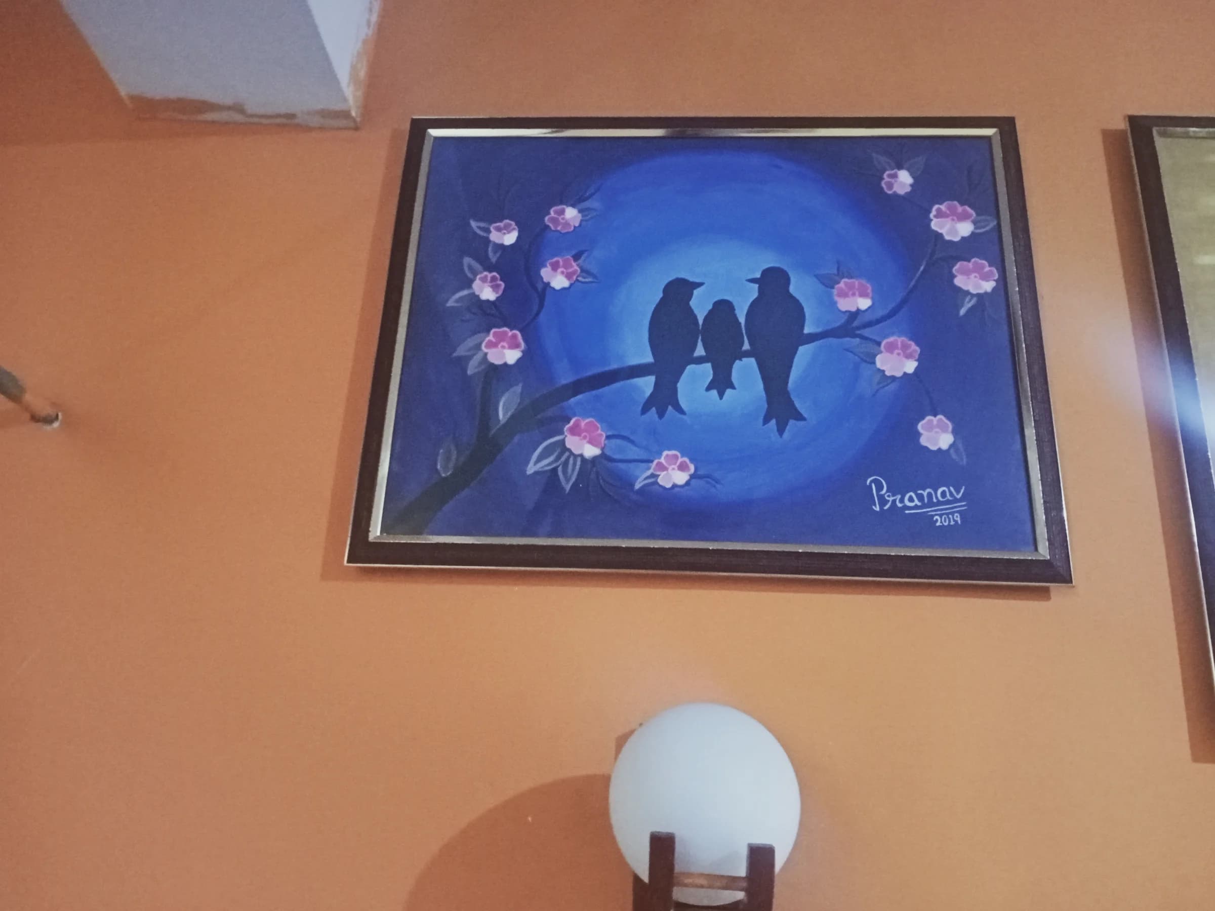 Birds on a cherry blossom branch, acrylic painting