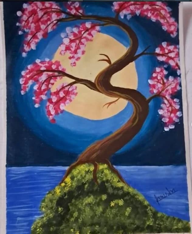 Cherry blossom tree over water, acrylic painting
