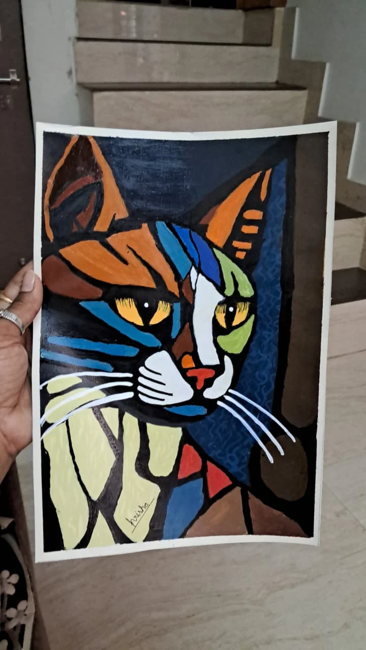 Cubist style cat portrait, acrylic painting