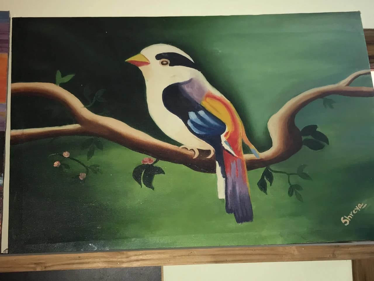 Exotic bird on a branch, acrylic painting