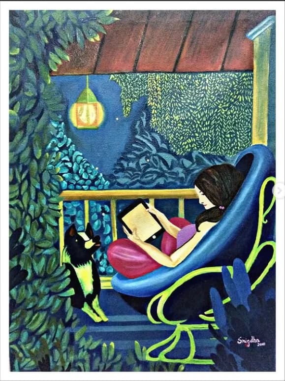 Woman reading on a balcony, illustrative acrylic painting