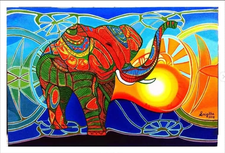 Decorative patterned elephant, acrylic painting