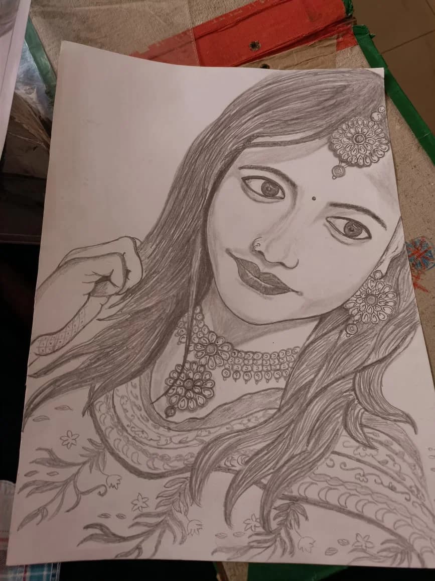 Styled graphite portrait with statement jewelry and embroidery