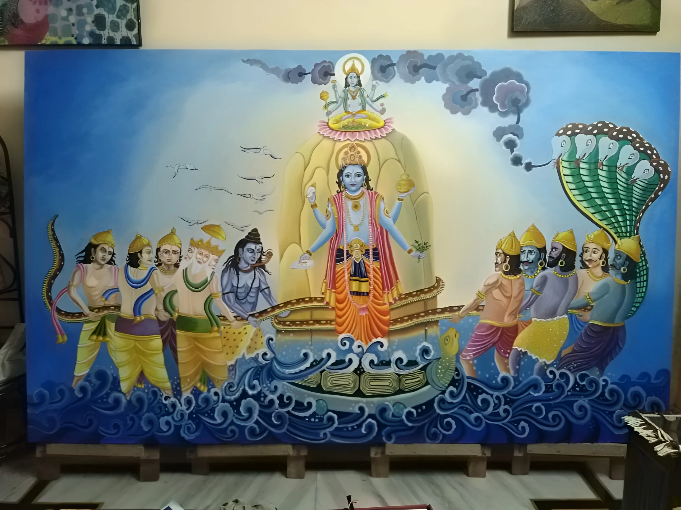 A monumental mural of the churning of the ocean, commissioned as a farewell gift