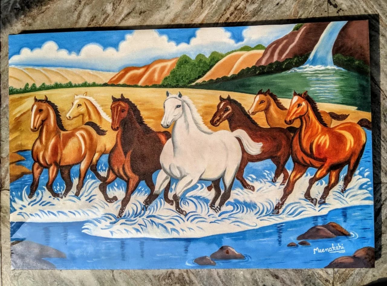 Seven running horses in warm browns and golds beside water