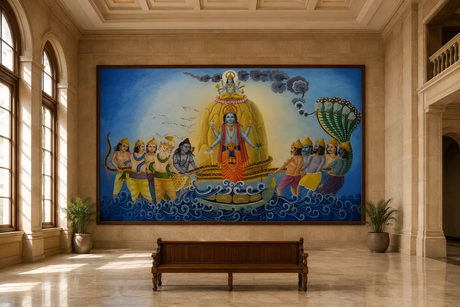 A grand daylit hall with a large mythological mural of the churning of the ocean
