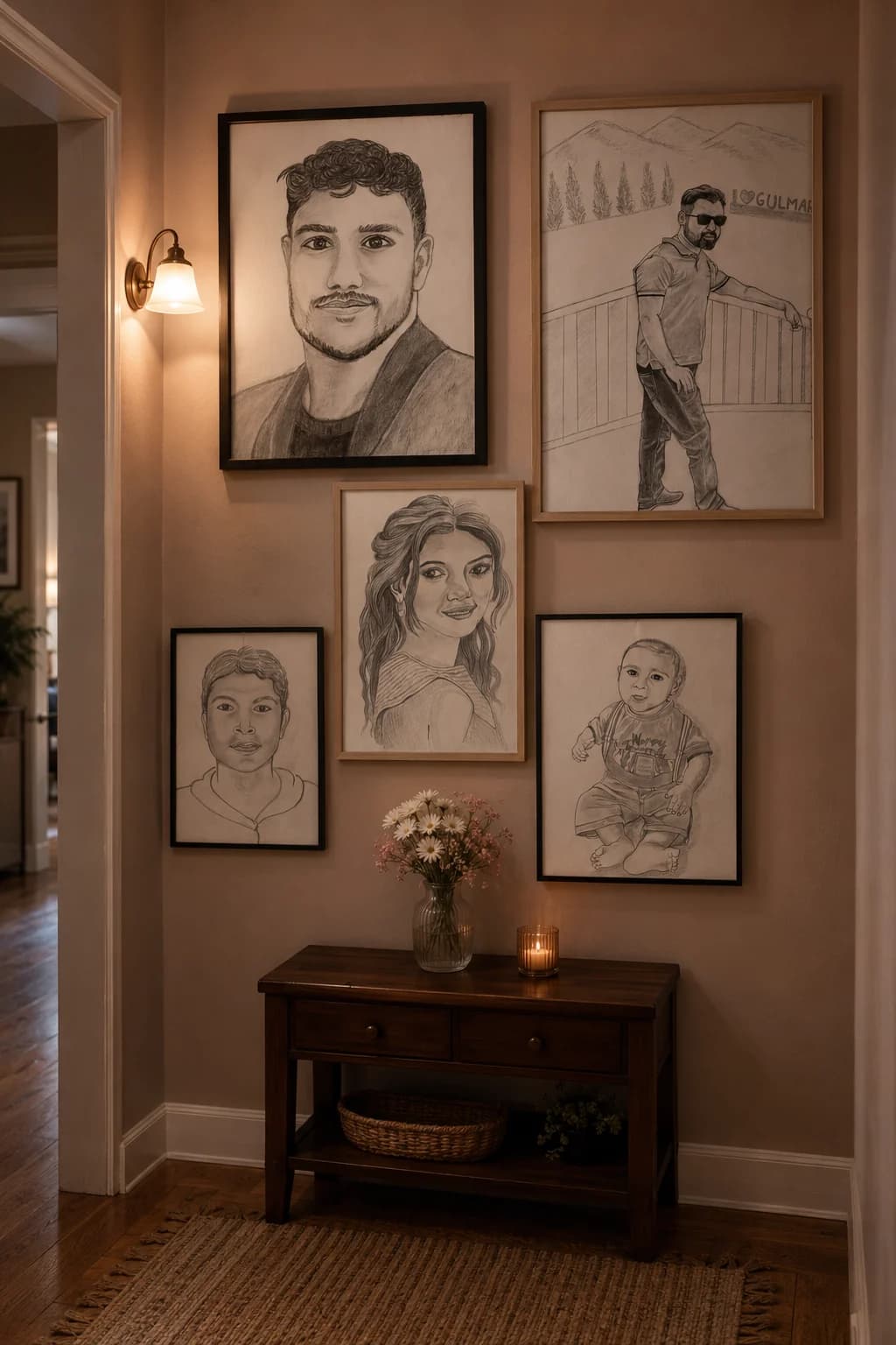 A warm family hallway with five pencil portrait sketches above a console table