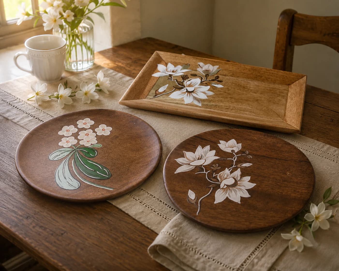 A sunlit dining table with two hand-painted wooden plates and a matching tray, styled with fresh flowers and tea