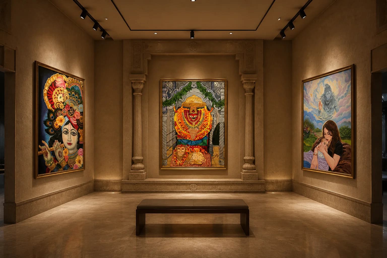 Gallery room with a Krishna portrait, a marigold-garlanded temple deity, and a mother-and-child devotional painting