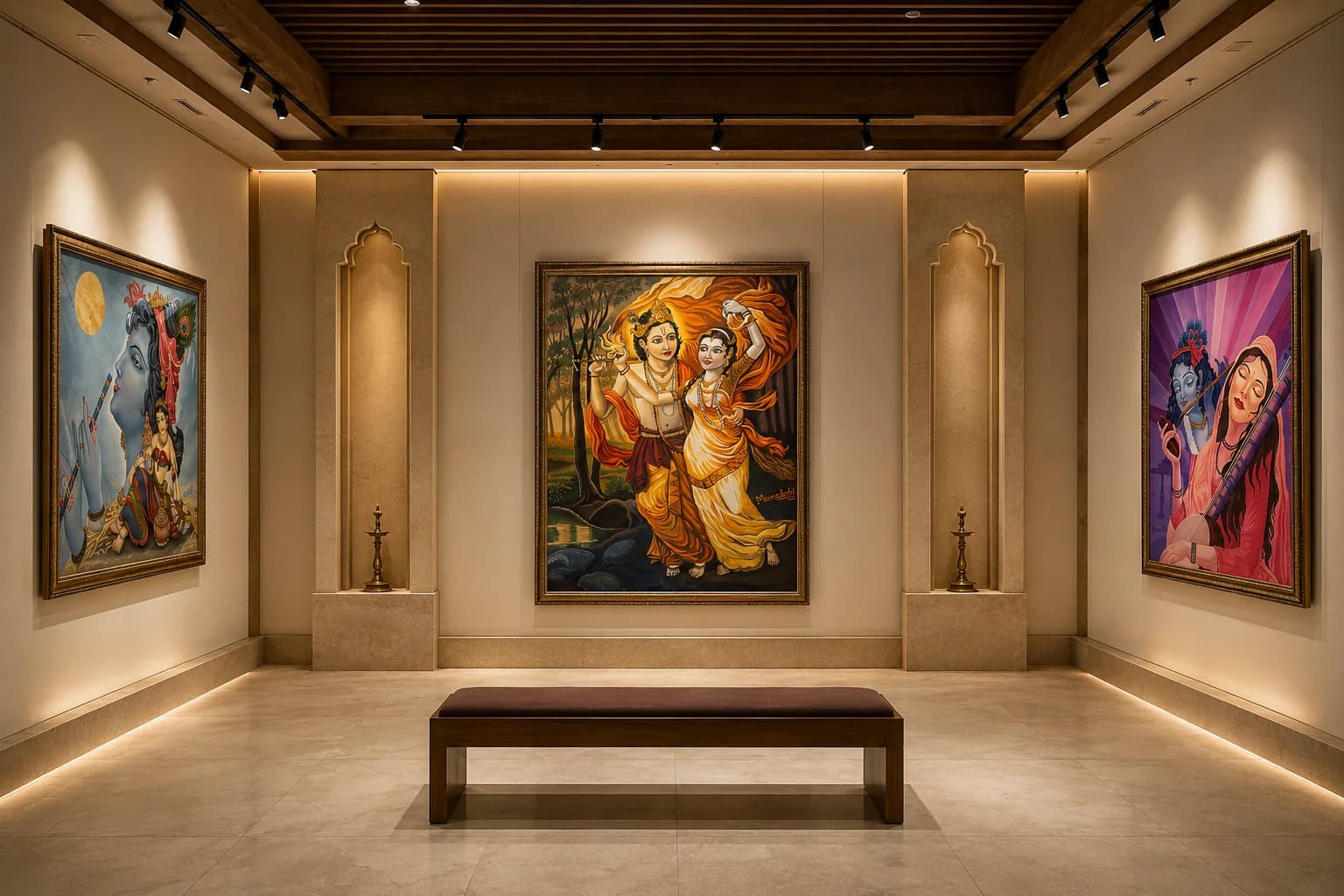 Gallery room with three Radha-Krishna paintings in blue, gold, and purple palettes
