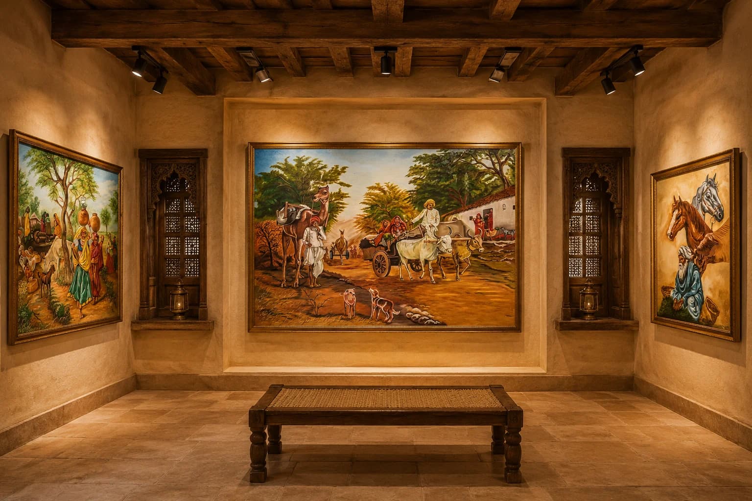 Gallery room with a rural village bullock-cart scene, flanked by a well scene and a folk portrait with horses