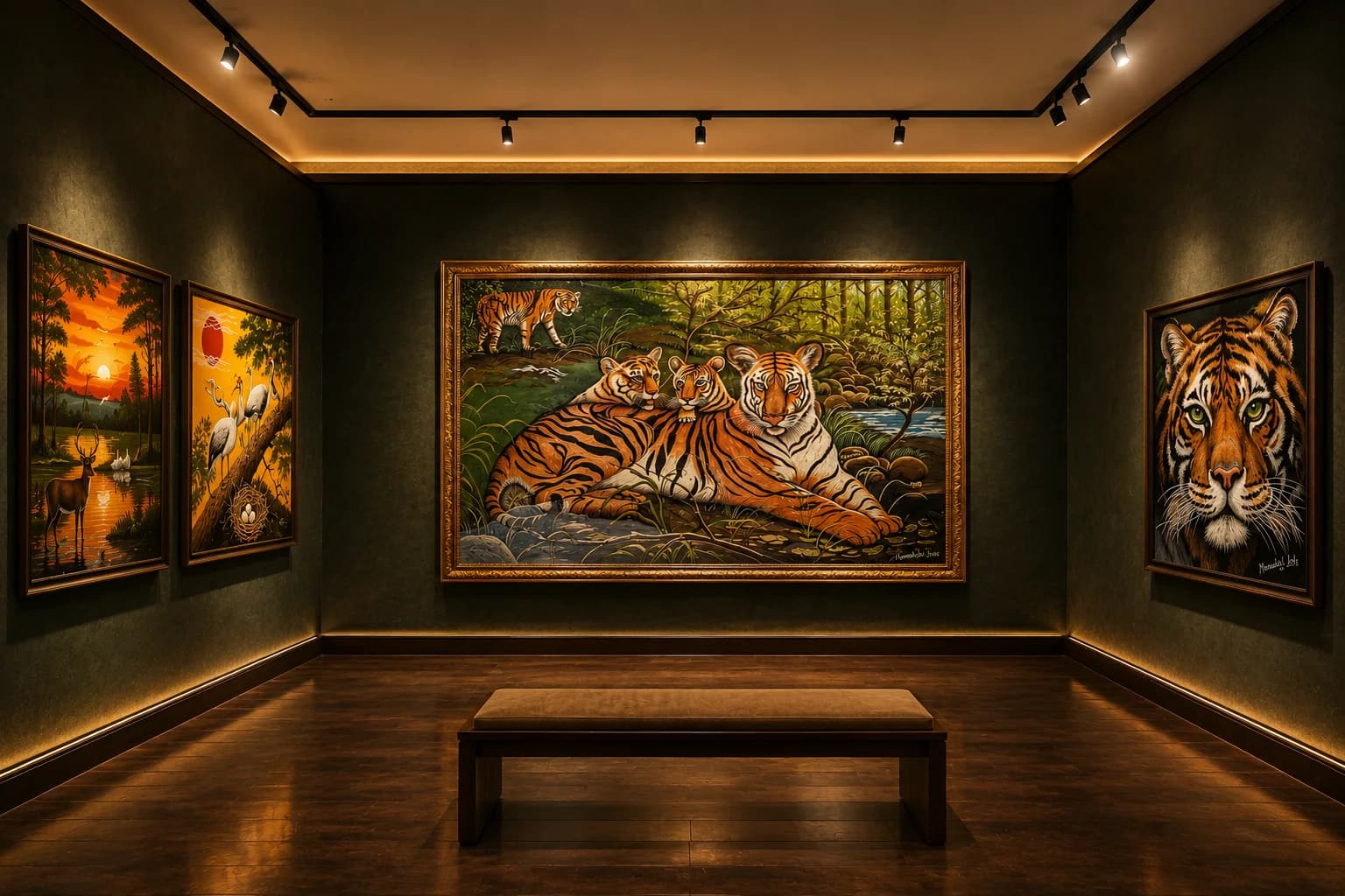 Gallery room with a tiger family painting, paired sunset wildlife scenes, and a tiger close-up portrait