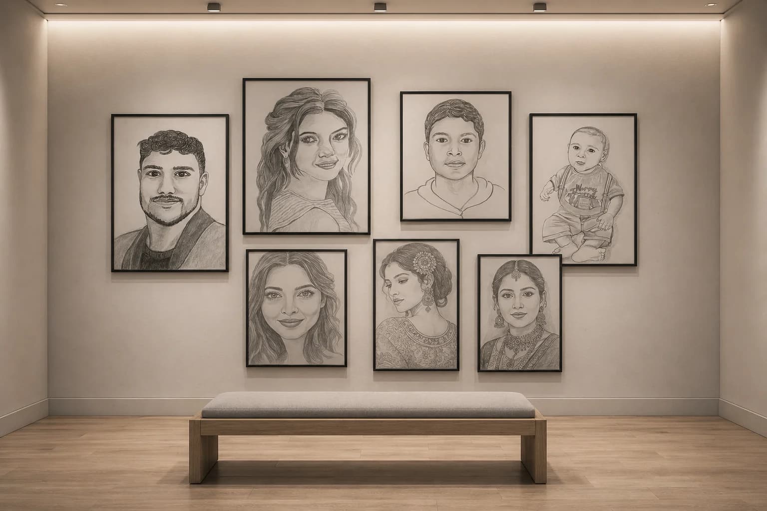 Gallery wall of seven graphite portrait sketches