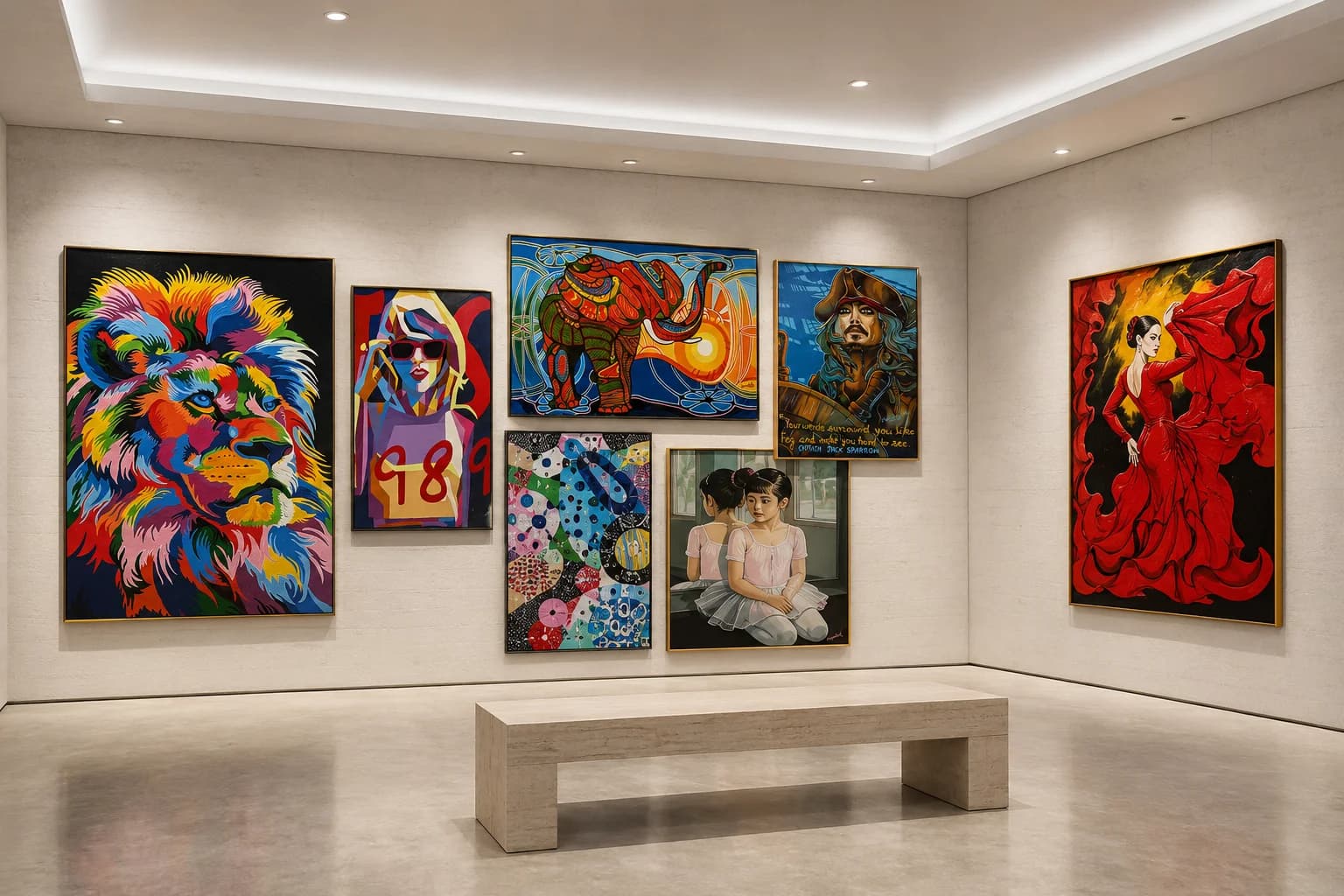 Gallery room with vivid pop-art paintings including lion portraits, an elephant, dancers, and an abstract piece