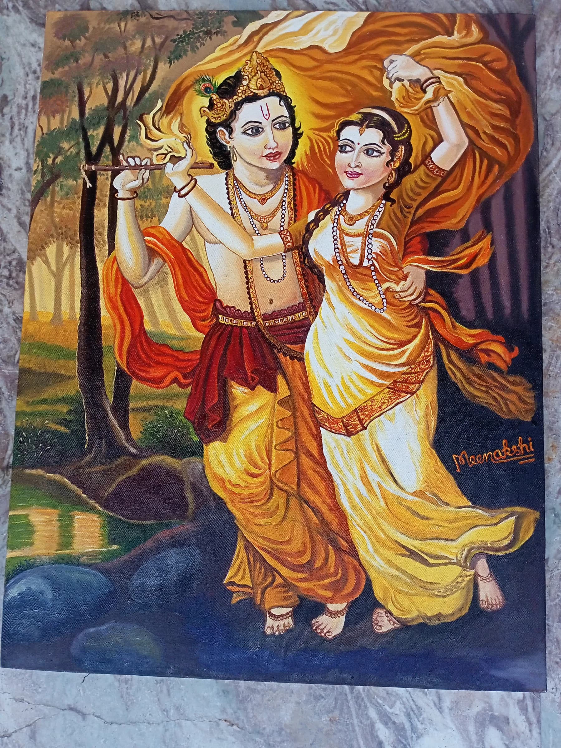 Radha and Krishna dancing in warm gold and deep blue tones