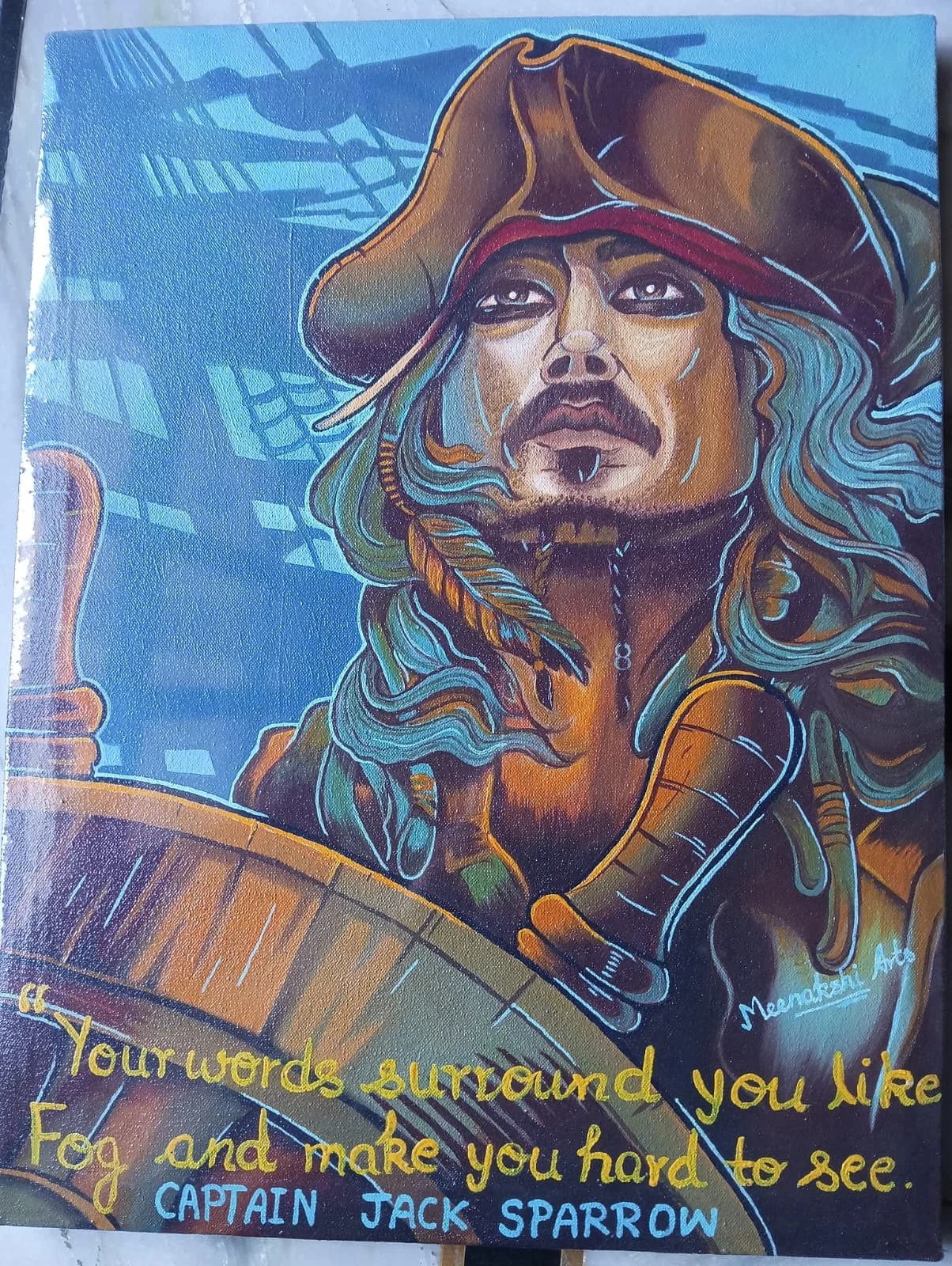 Stylised portrait of a pirate captain with a quote, in cool teal and warm brown