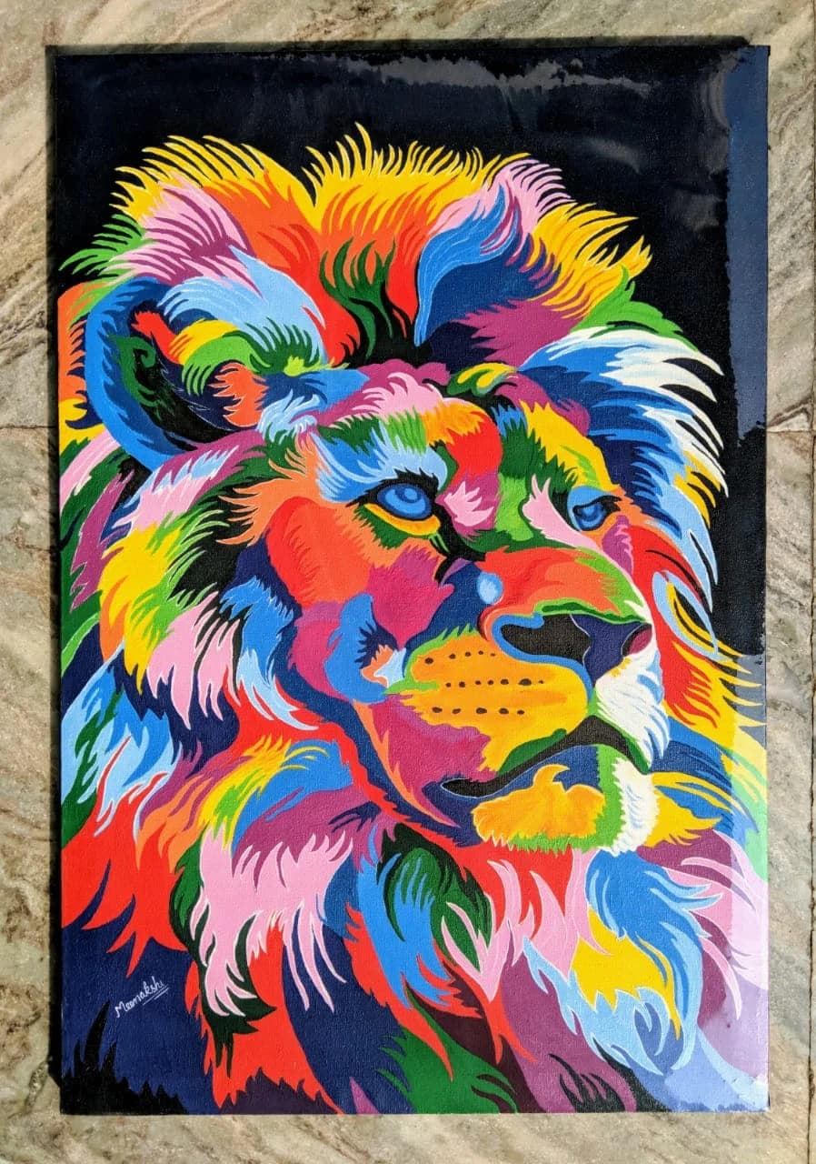Vibrant multicolour lion head painting on a black background