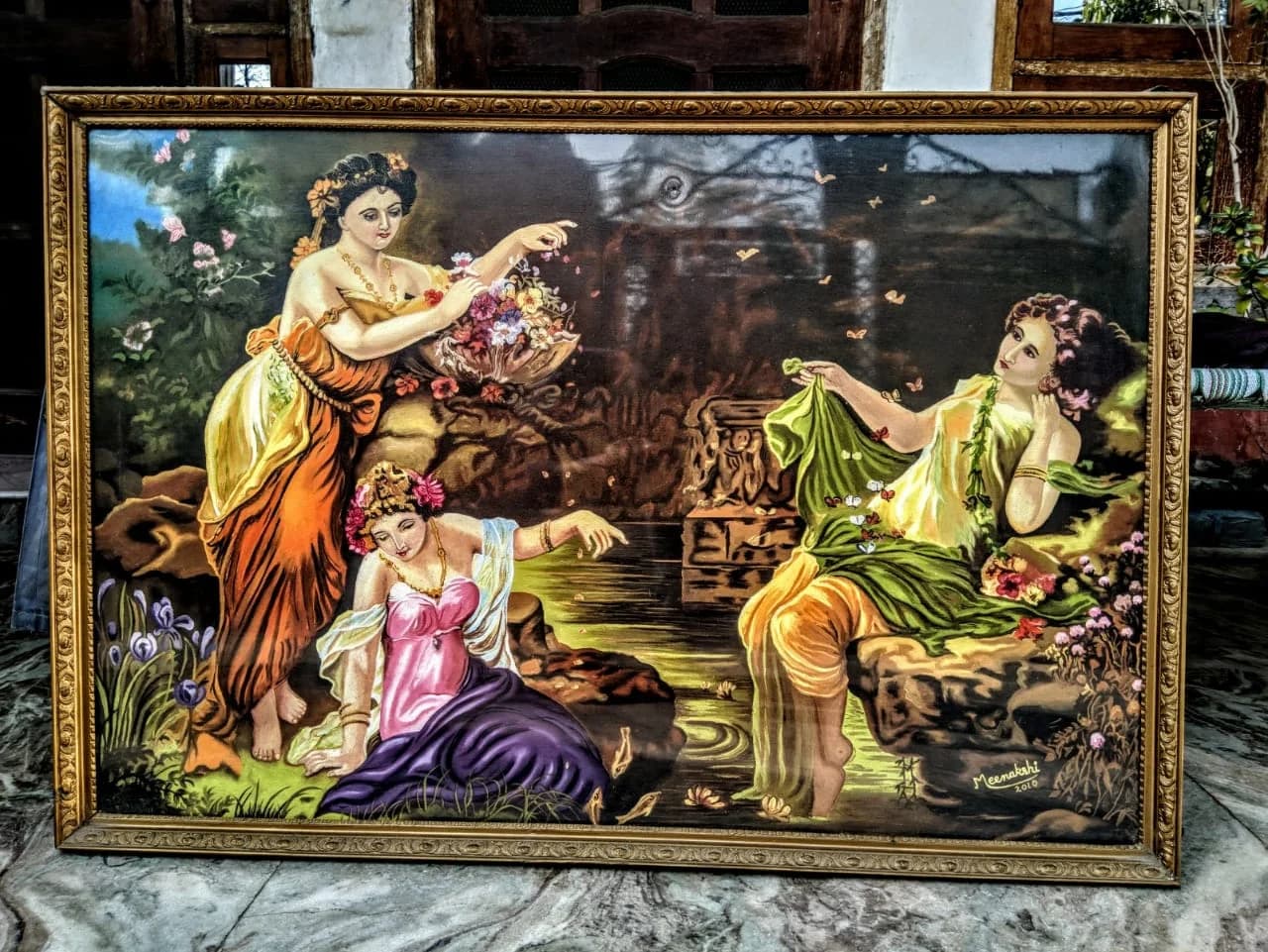 Classical romantic garden scene with women in Victorian-style dress
