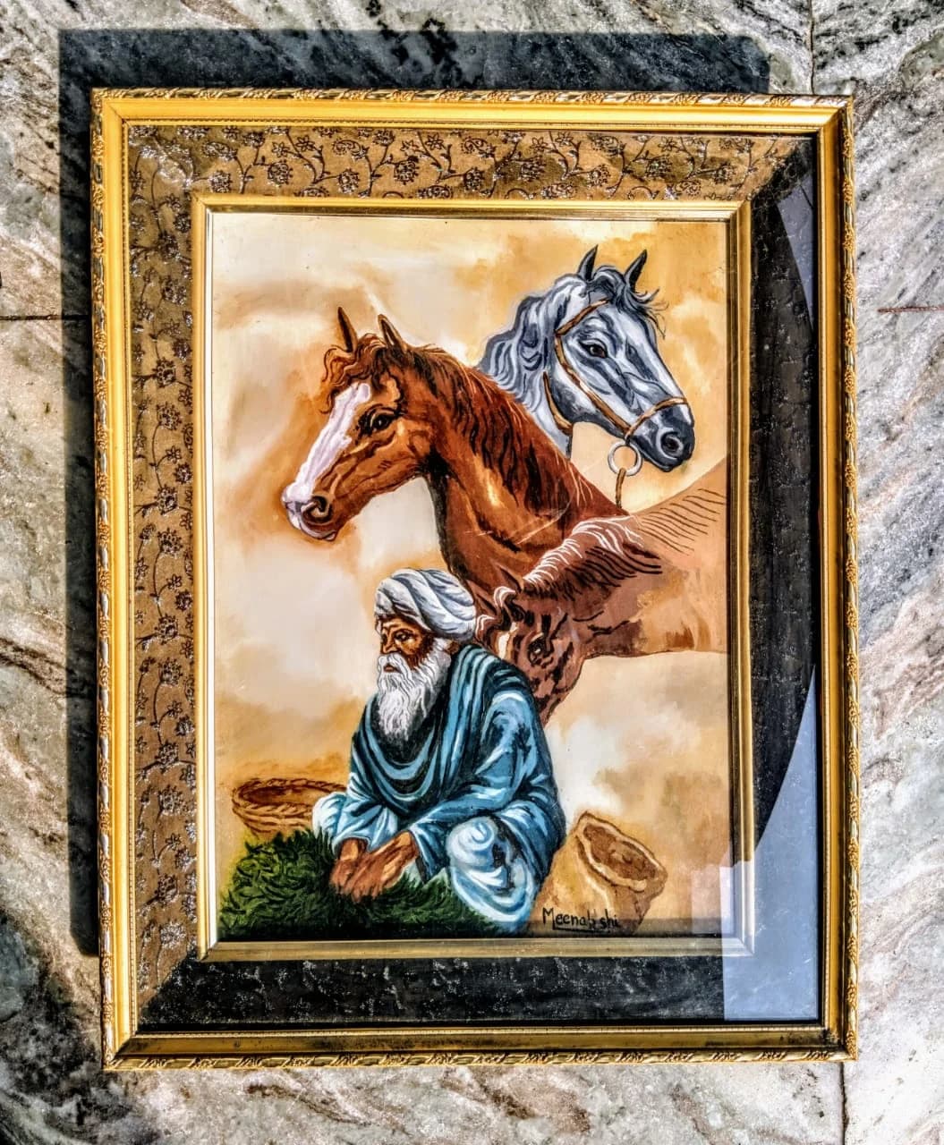 Elderly man with two horses in warm sepia and gold tones